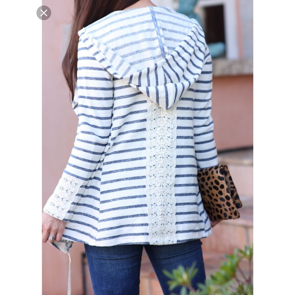 ANTHROPOLOGIE Striped, Hooded Cardigan with Lace